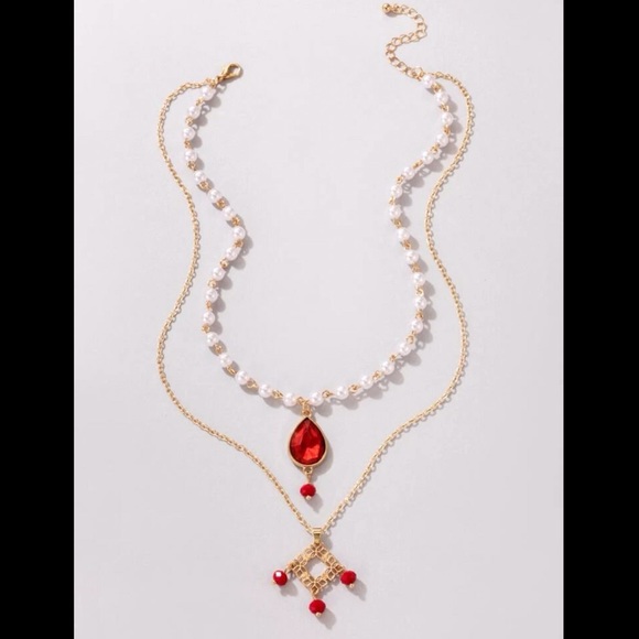 Ruby Rhinestone, Pearl & Charm Necklace - Picture 2 of 6